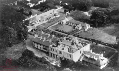 This photograph shows the severe damage to Aberdare General Hospital caused by the fire of 27 September 1929